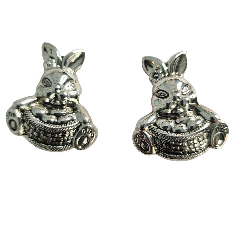 Vintage Best Easter Bunny Silver tone Metal Clip Earrings 1" NEW Deadstock